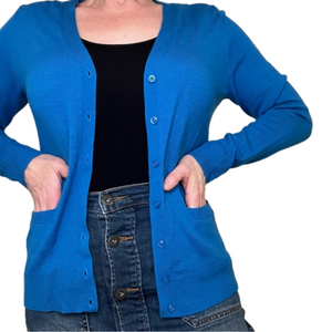 LORD & TAYLOR 100% Fine Merino Wool V-Neck Cardigan in Bright Blue, Medium